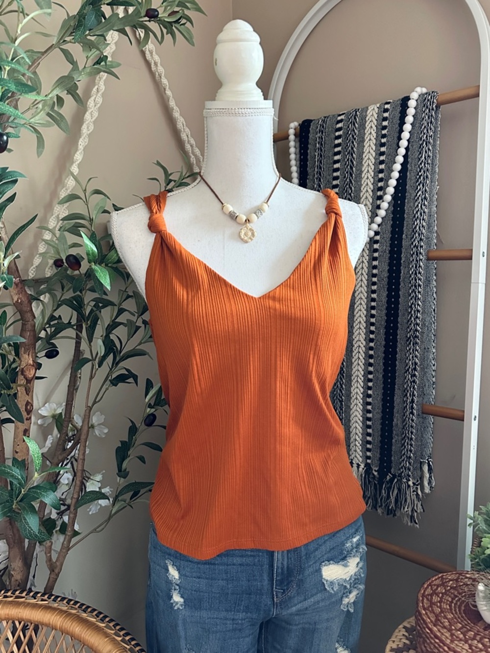 H&M Burnt Orange Ribbed Tank Top Knot Strap Sleeveless Medium